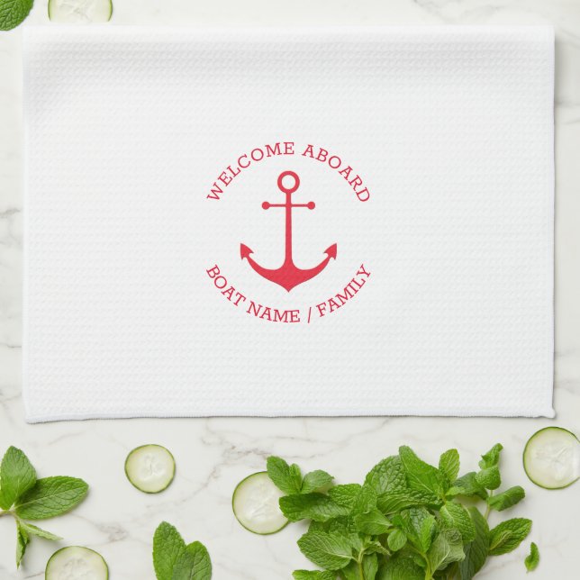 Custom Boat name Welcome Aboard nautical anchor Kitchen Towel (Folded)