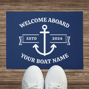 Custom Boat Name Welcome Aboard Navy Blue Anchor Doormat