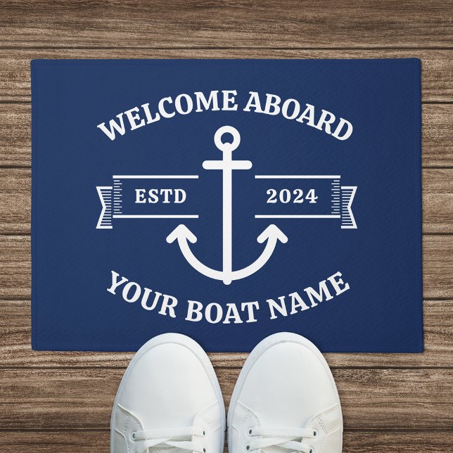 Custom Boat Name Welcome Aboard Navy Blue Anchor Doormat (Creator Uploaded)
