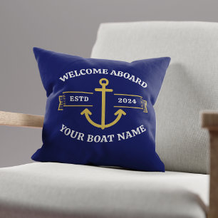 Custom Boat Name Welcome Aboard Navy Blue & Gold Throw Pillow
