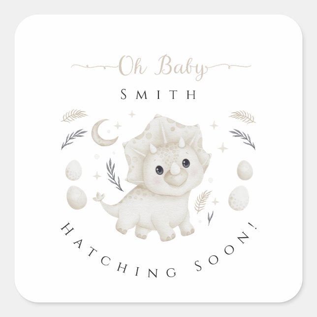 Custom Boho Dinosaur Hatching Soon Baby Shower Square Sticker (Front)