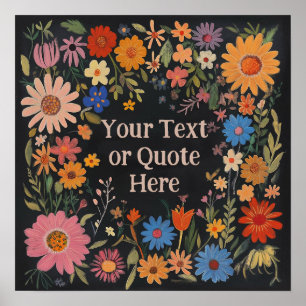 Custom Boho Floral in Black - Add Quote or Name Poster