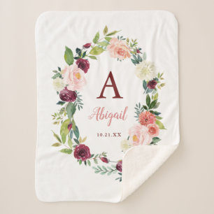 Custom Boho Floral Wreath Burgundy Sherpa Blanket