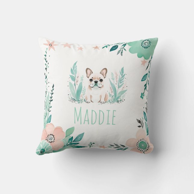 Custom Boho French Bulldog Pillow Pastel Green  (Back)