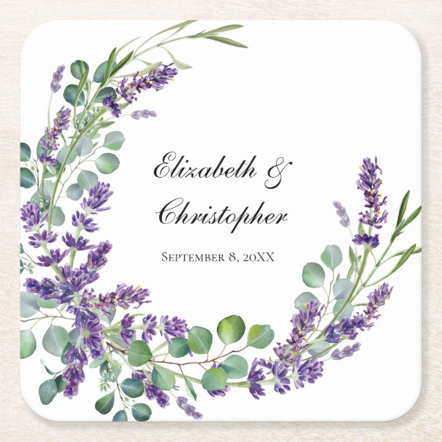Custom Boho Lavender Eucalyptus Wedding Square Paper Coaster (Front)