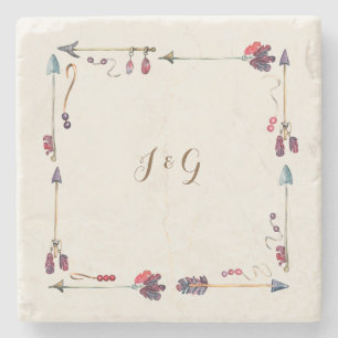 Custom Boho Monogram Gift for Couples Stone Coaster