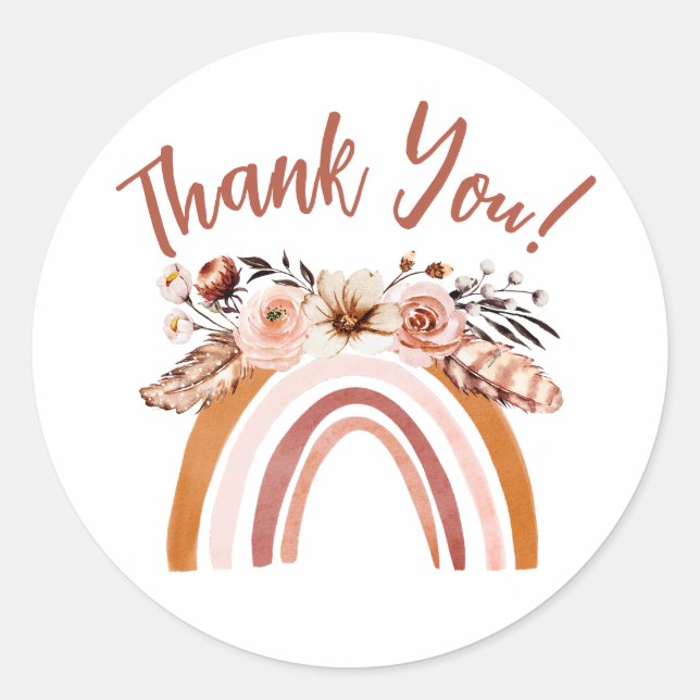 Custom Boho Rainbow Floral Thank You Classic Round Sticker (Front)