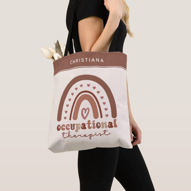 Custom Boho Rainbow OT Occupational Therapist Tote Bag (Close Up)