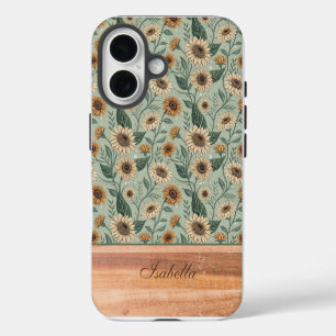 Custom Boho Sunflowers Wood Effect iPhone 16 Case