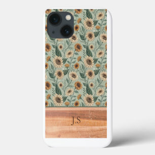 Custom Boho Sunflowers Wood Effect iPhone 13 Case