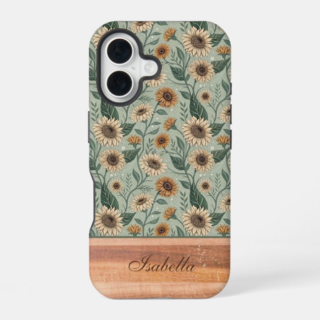 Custom Boho Sunflowers Wood Effect iPhone 16 Case (Back)