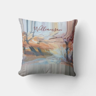 Custom Boho Watercolor Fall Trees Stripes Earthy Throw Pillow