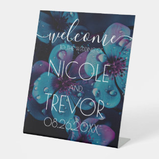 Custom Bold Colourful Flowers Welcome Wedding  Pedestal Sign