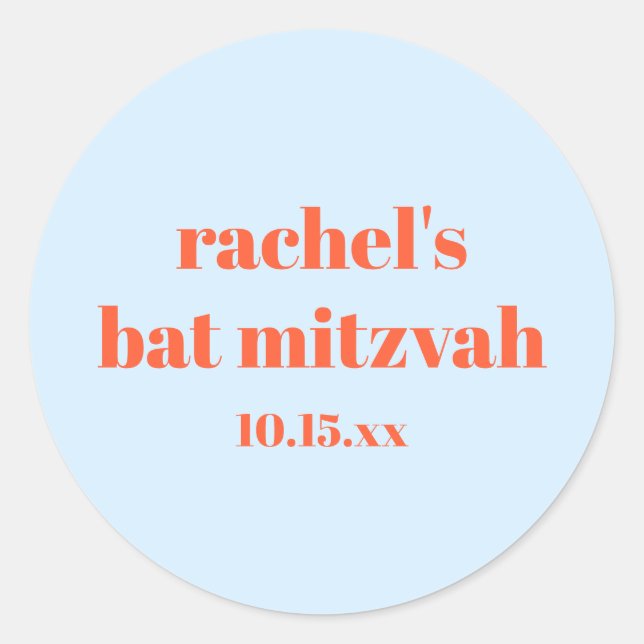 Custom Bold Typography Blue Orange Bat Mitzvah Classic Round Sticker (Front)