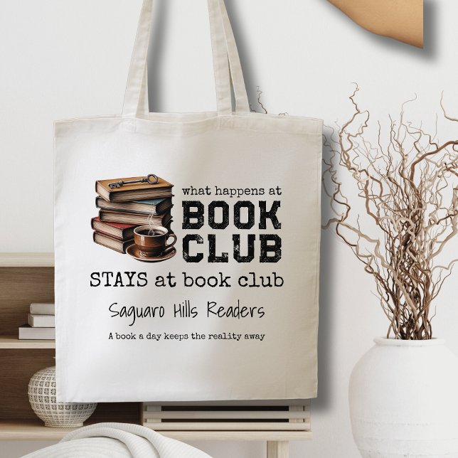 Custom Book Club Name Bookish Funny Tote Bags (vintage book club name book lovers tote bags for librarian readers gift ideas for him her coffee key)