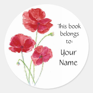 Custom - Book Plate - Red Poppies - Watercolor Classic Round Sticker