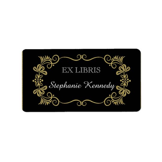 Custom Bookplates | Gold Floral Frame On Black