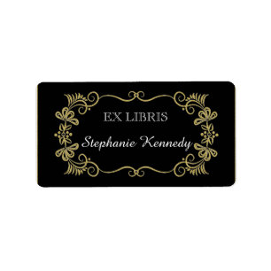 Custom Bookplates   Gold Floral Frame On Black Label