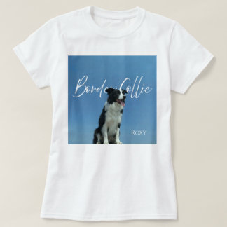 Custom Border Collie Photo Retro Blue Typography T-Shirt