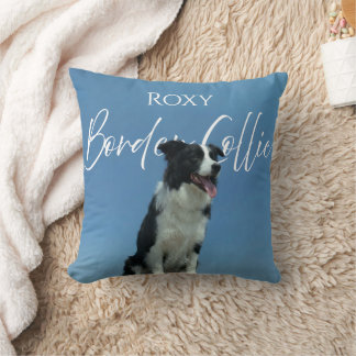 Custom Border Collie Photo Retro Blue Typography Throw Pillow