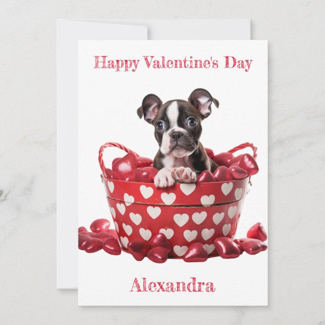 Custom Boston Terrier Pup Heart Basket Valentine Holiday Card (Front)