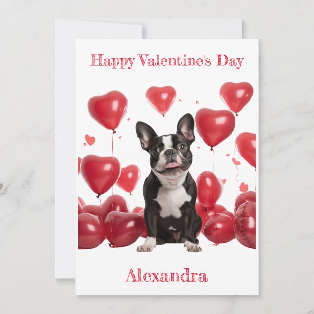 Custom Boston Terrier Red Hearts Balloon Valentine Holiday Card (Front)