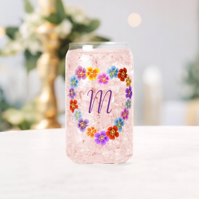 Custom Botanical Boho Floral Heart Lei Wreath Can Glass (Insitu (Wedding))