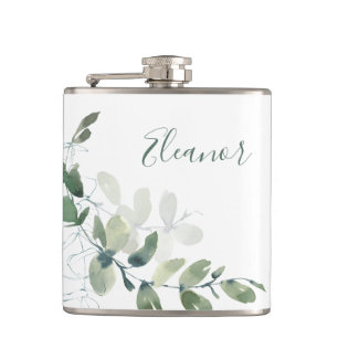 Custom Botanical Eucalyptus Boho Bridal Favour Hip Flask