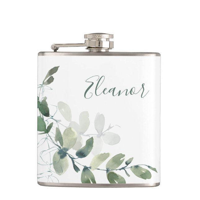 Custom Botanical Eucalyptus Boho Bridal Favour Hip Flask (Front)