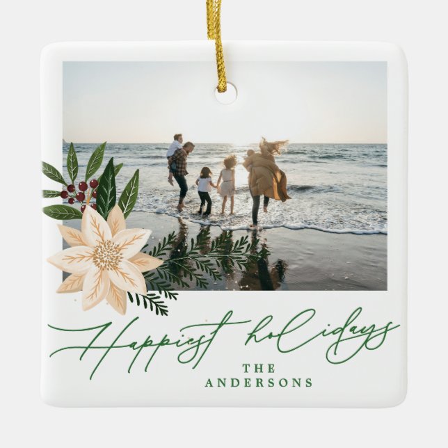 Custom Botanical Family Photo Holiday Keepsake Ceramic Ornament (Front)