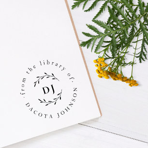 Custom Botanical Initials Elegant Library Book Rubber Stamp