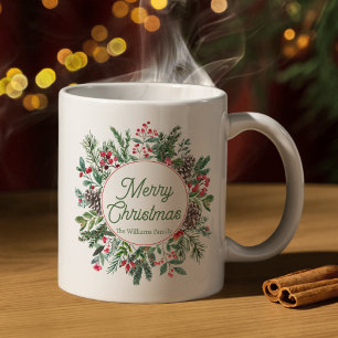 Custom Botanical Pinecone Wreath Merry Christmas Coffee Mug