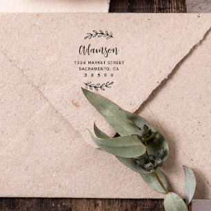 Custom Botanical Script Family Name Return Address Rubber Stamp