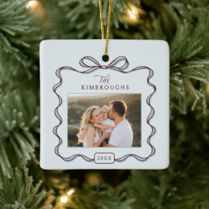 Custom Bow Double Sided 2 Photo Family Christmas Ceramic Ornament