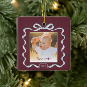 Custom Bow Double Sided 2 Photo Kids Christmas Ceramic Ornament