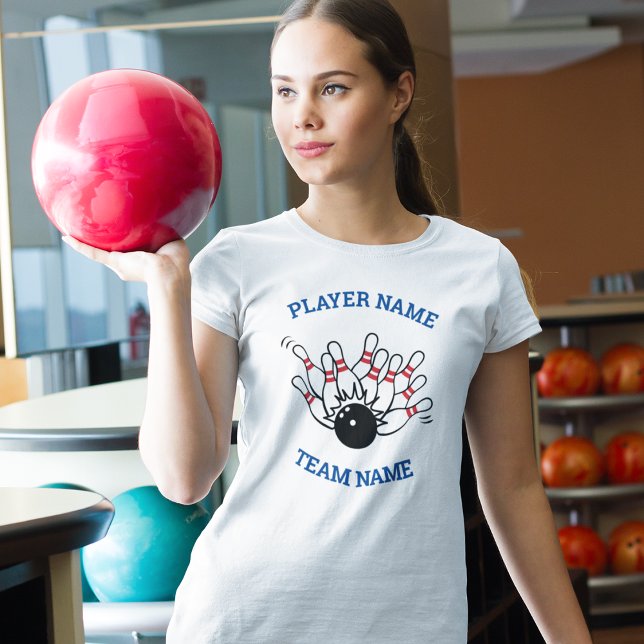 Custom Bowling Team Logo with Player & Team Name  T-Shirt (STRIKE a pose with your team's own personalized bowling shirts)