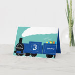 Custom boy 3rd birthday steam train card<br><div class="desc">A custom 3rd birthday train card. The design shows a bright blue train full of gifts. The locomotive has custom text for the name of the boy, their age and the place where the child lives. The perfect card for a railway loving parent to give their son or for a...</div>