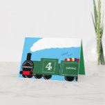 Custom boy 4th birthday train card<br><div class="desc">A custom 4th birthday train card. The design shows a green train full of gifts for the birthday boy. The locomotive has custom text that can be personalized for the name of the boy, their age and the place where the child lives. The perfect card for a railway loving parent...</div>