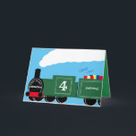 Custom boy 4th birthday train card<br><div class="desc">A custom 4th birthday train card. The design shows a green train full of gifts for the birthday boy. The locomotive has custom text that can be personalized for the name of the boy, their age and the place where the child lives. The perfect card for a railway loving parent...</div>