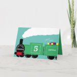 Custom boy 5th birthday train card<br><div class="desc">A custom 5th birthday train card. The design shows a green train full of gifts. The locomotive has custom text for the name of the boy, their age and the place where the child lives. The perfect card for a railway loving parent to give their son or for a grandparent...</div>