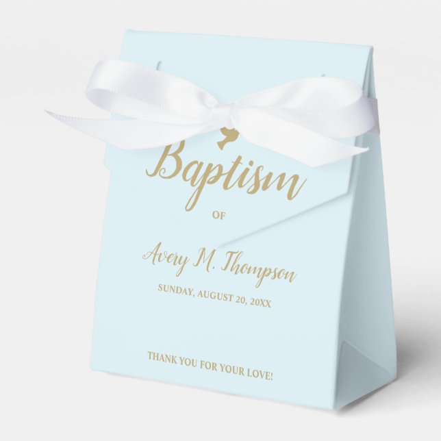 Custom Boy Baptism Blue gold hue dove Script Favor Box (Front Side)