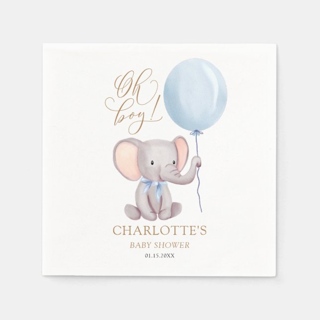 Custom Boy Blue Balloon Cute Elephant Baby Shower Napkin (Front)