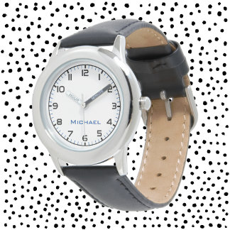 Custom Boy Name Steel Black Leather Strap Kids Watch