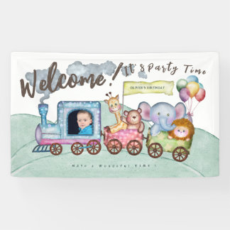 Custom boy Photo birthday train watercolor Banner