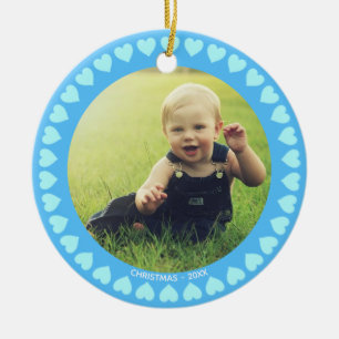 Custom Boy Photo & Hearts on Light Blue Christmas Ceramic Ornament