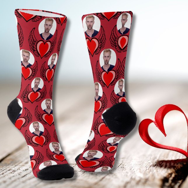 Custom Boyfriend Photo Red Winged Heart Valentine Socks (Creator Uploaded)
