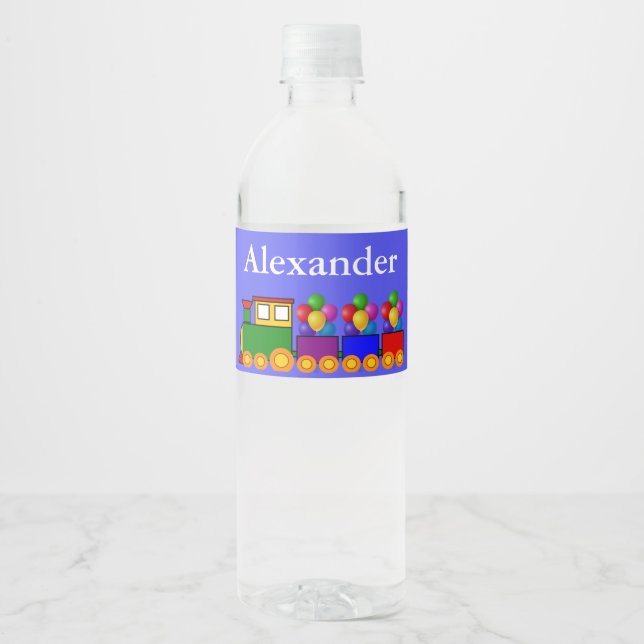 Custom Boy's First Birthday Train and Balloons Water Bottle Label (Front)
