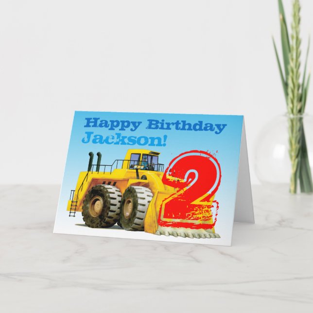 Custom Boy's Yellow Digger 2nd Birthday Card (Front)