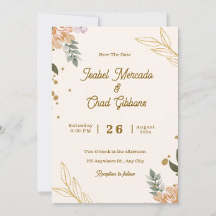 Custom Branded Beige And Gold Floral Wedding  Invitation