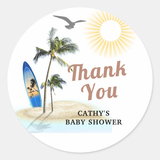 Custom Branded Board Beach Baby Shower Thank you  Classic Round Sticker (Front)